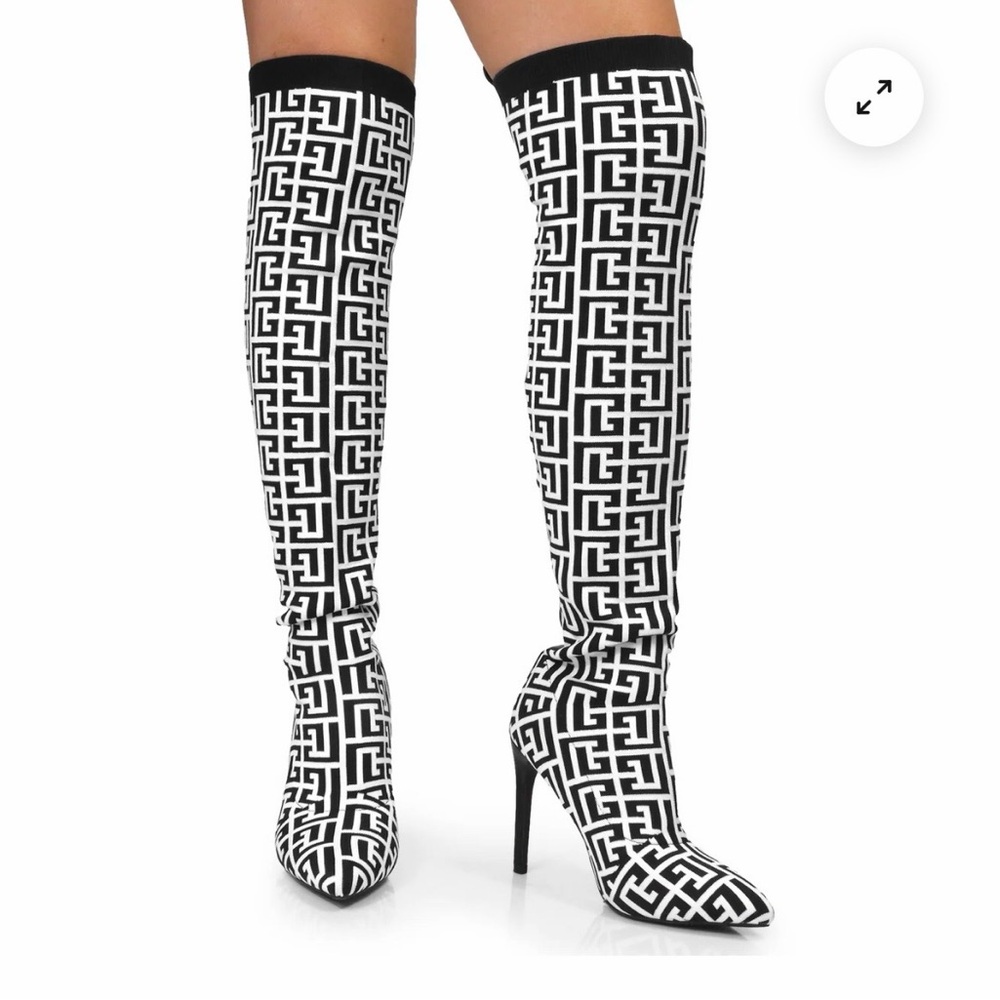 Black & White Geometric Over-the-Knee Stiletto Boots